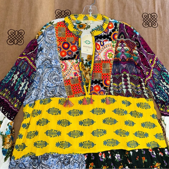 Anandas Collection NWT! Yellow/Multi Patchwork Boho Chic Shift Dress Top Coverup - Picture 7 of 17